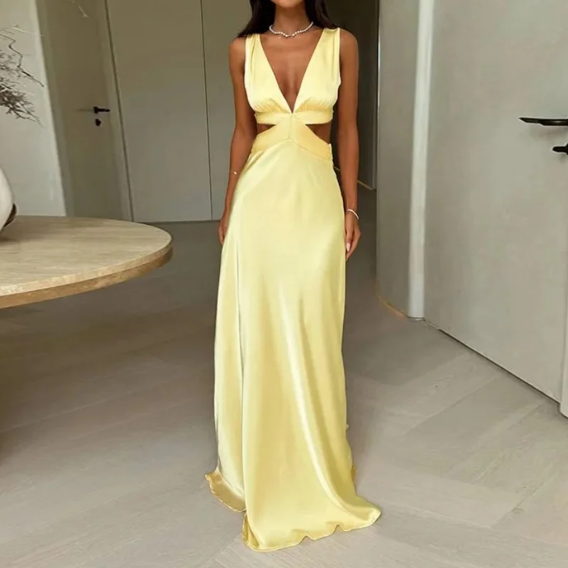 Abito sexy scollato per le donne Abiti lunghi vintage in raso con scollo a V senza maniche a vita alta 2025 Nuovo abito da sera per feste