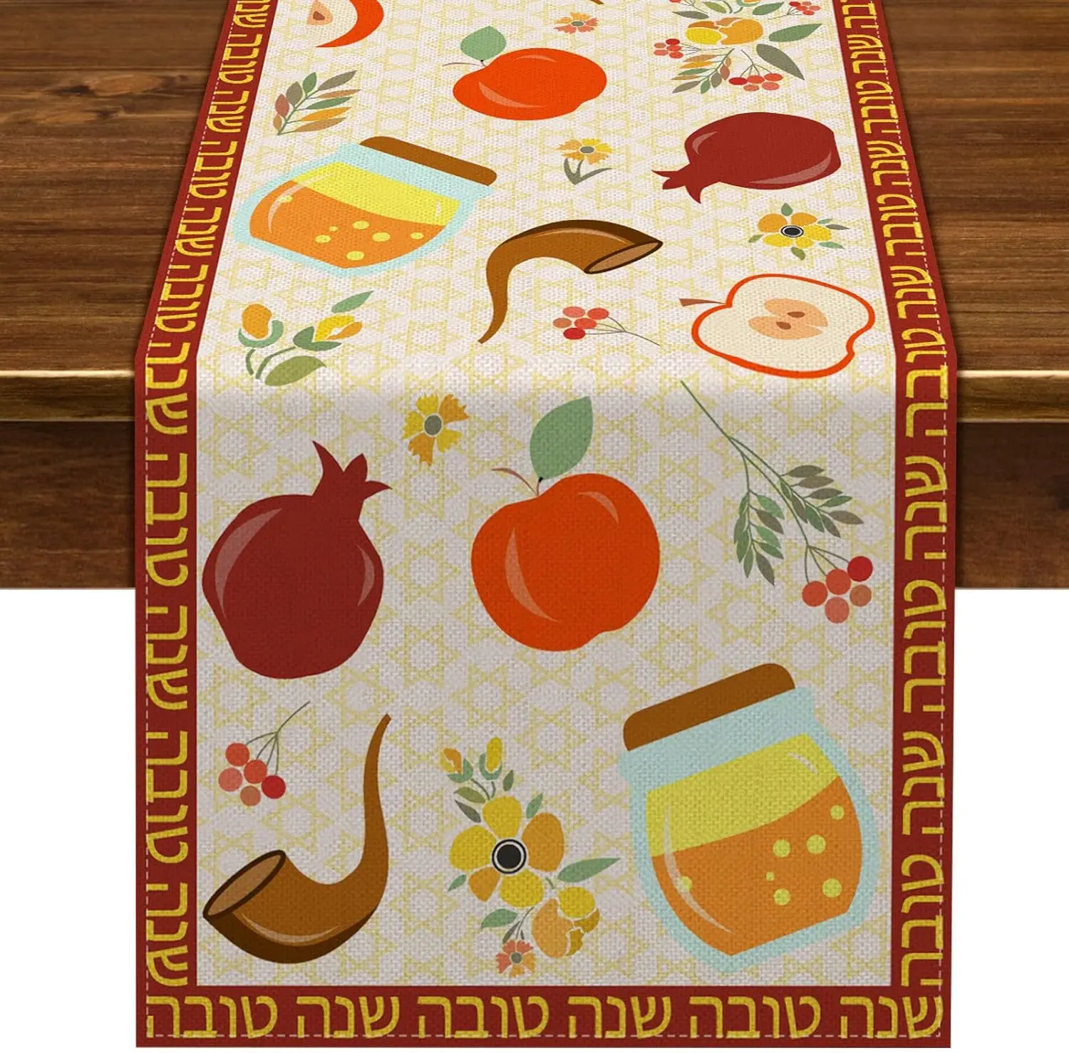 Rosh Hashanah Shofar Horn Pomegranate Linen Table Runner Jewish Holiday Decor Reusable Jewish New Year Shana Tova Decorations
