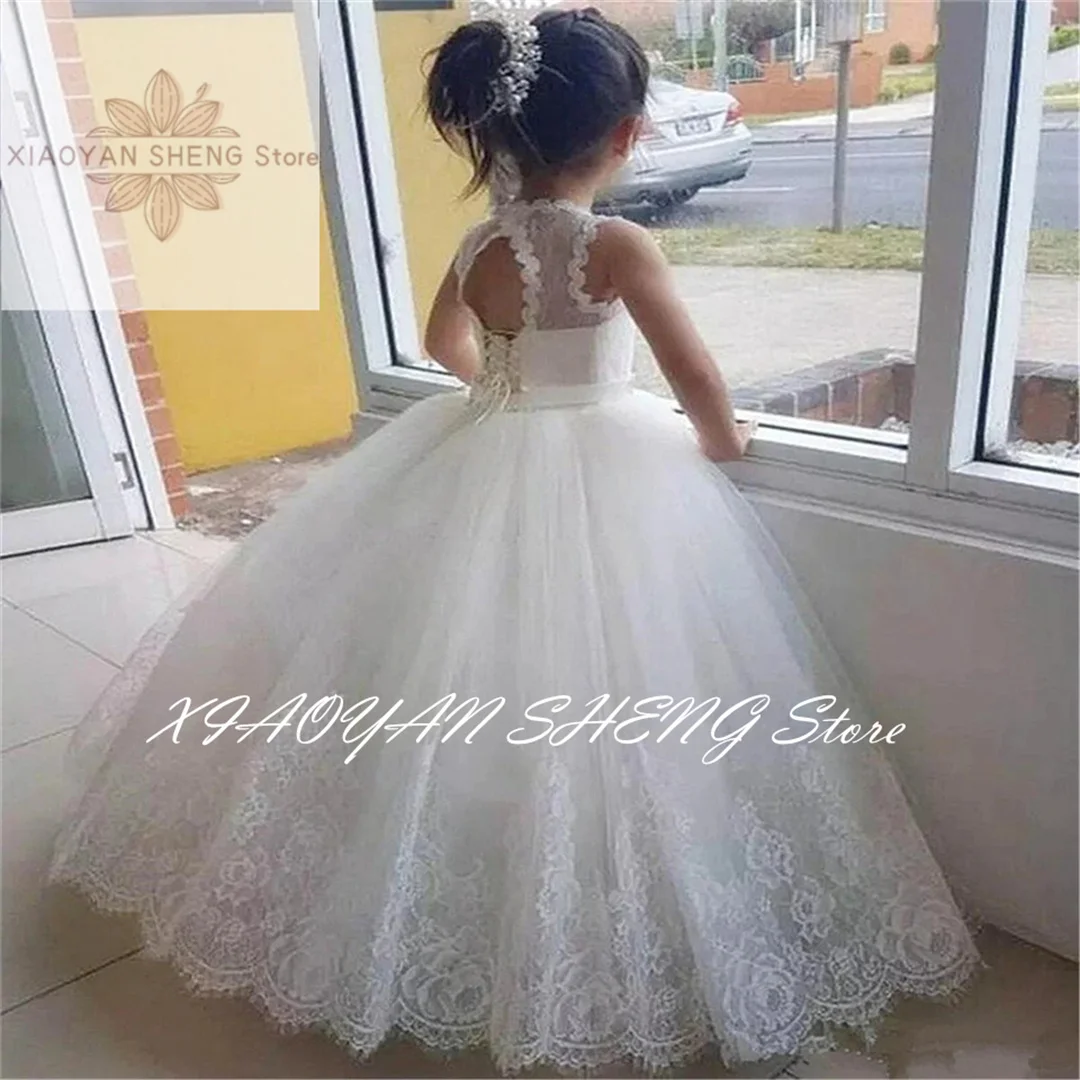

White Lace First Communion Dress Appliques Sleeveless Flower Girl Dresses for Wedding Puffy Tulle Ball Gown for Girls