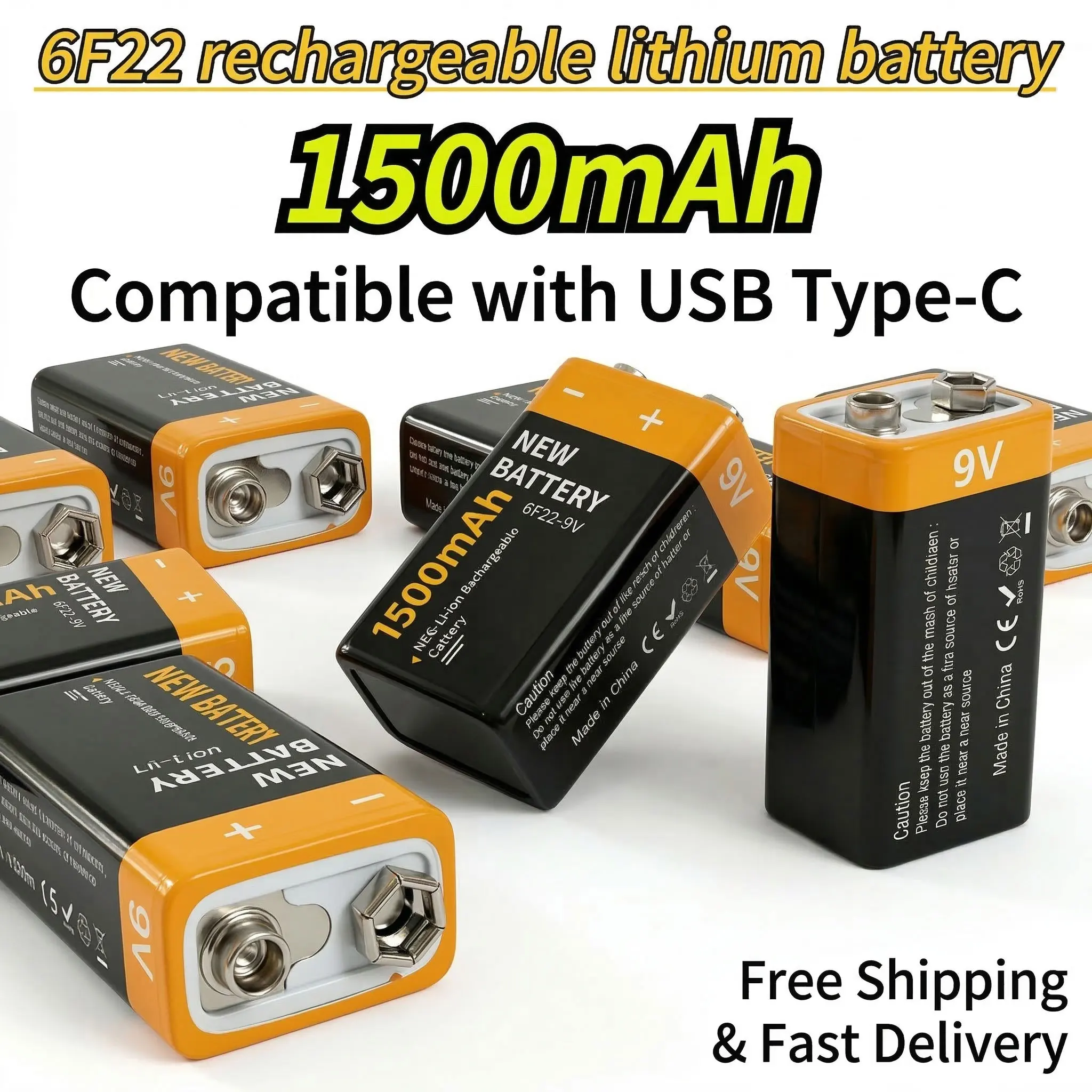 

USB Type-C Rechargeable 9V 6F22 Lithium Battery for Multimeters, Smoke Alarms, Wireless Microphones