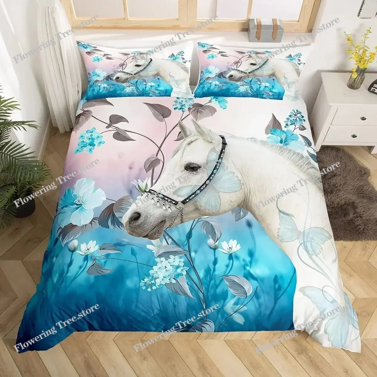 

3D Horse Duvet Cover King Queen Size Yellow Sunflower Bedding Set Floral Animal Theme Quilt Cover Wildlife Soft Comforter Cover