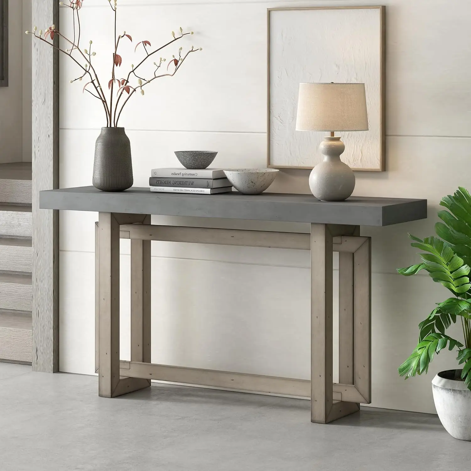 

Wood Entryway Console Table, Modern Line Frame with Industrial Concrete Top, for Living Room/Hallway/Foyer, Grey