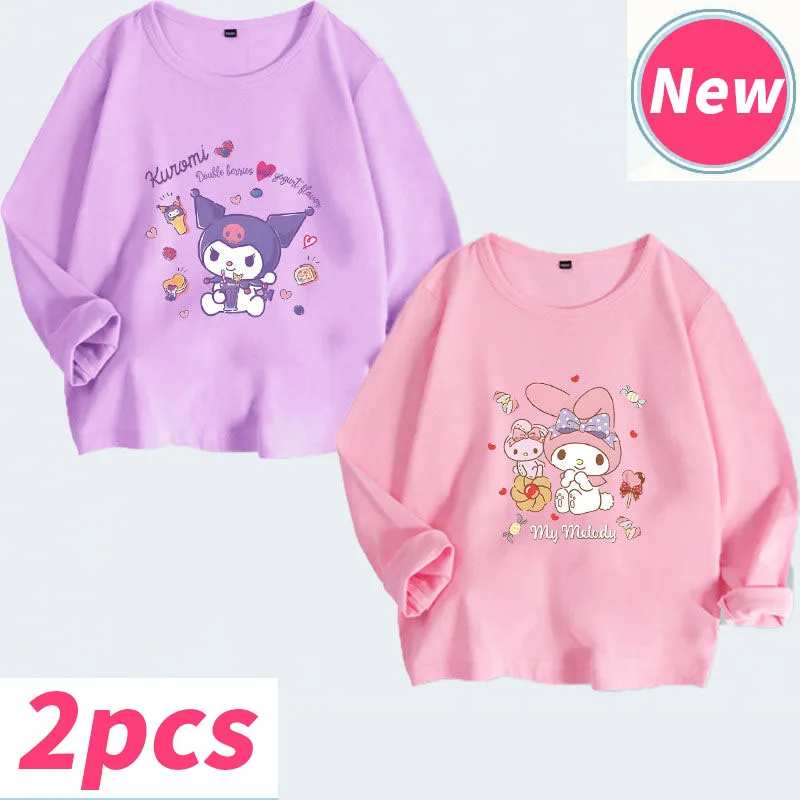 Anime Kuromi Mymelody Children Pure Cotton Long Sleeved Two-Piece Sanrio Spring/Fall Kids T-Shirt Top for Girls Costume Gift