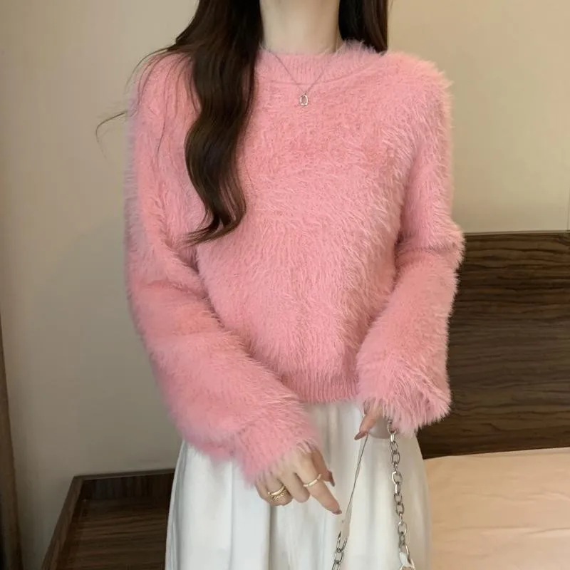 

Short Soft Glutinous Gentle Style Sweater Solid Imitation Mink Fleece Pullover Coat Women Autumn/Winter Temperament Knitwear Top