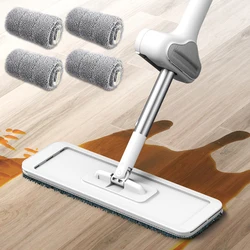 Microfiber Mop 360 ° Rotating Flat Floor Mop Hands Free Dust Mop with Dewatering Scraper Household Cleaning Tool Kitchen Mop