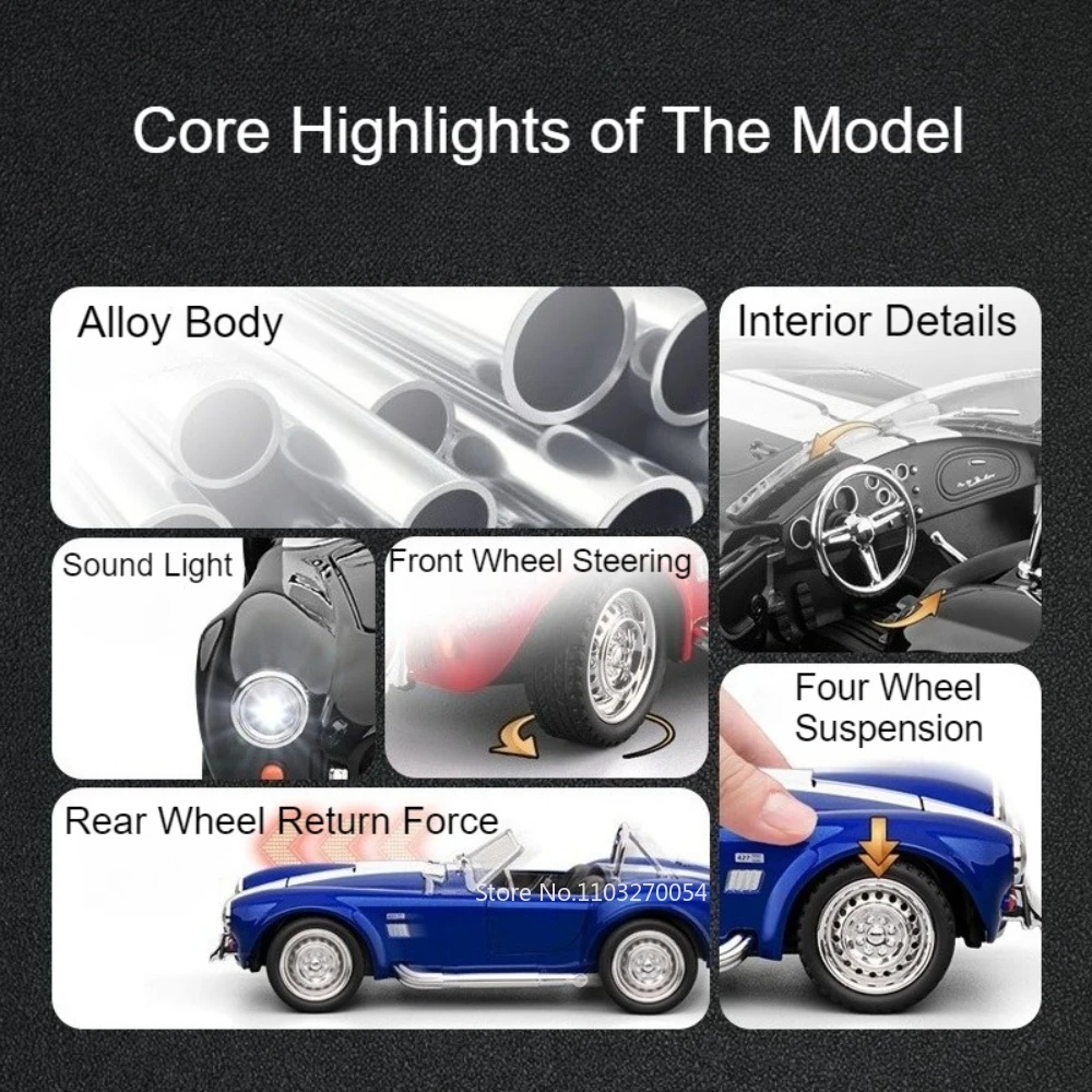 1:22 Shelby Cobra 427 300SL Alloy Diecast Sport Cars Model Toy Wheel Pull Back Miniature Car Light Sound Vehicle Kids Adult Gift view 5
