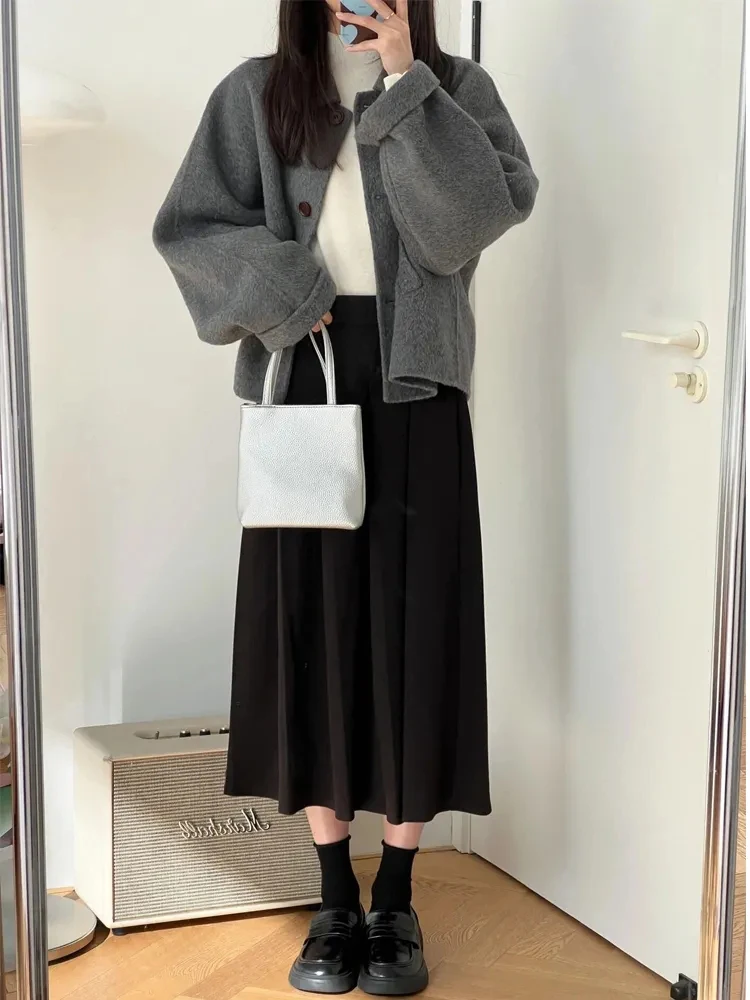 Cappotti di lana da donna Crop Vintage manica lunga con bottoni Office Lady Capispalla semplice Autunno Inverno Nuove eleganti top corti dolci e solidi