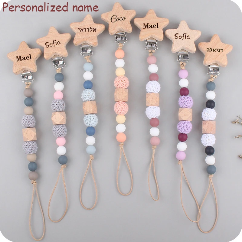 Custom Name Wooden Personalized Baby Pacifier Chain Silicone Bead Dummy Nipple Holder Guard Teether Pendant  Newborn Gift Stuff