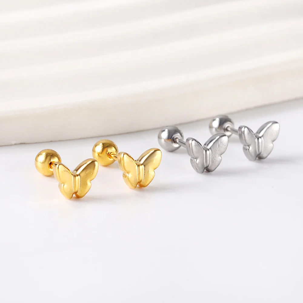 1pair Trending Ear Stud Love Heart Shape Butterfly Gold Color Stainless Steel Piercing Female Stud Earrings Jewelry Accessories