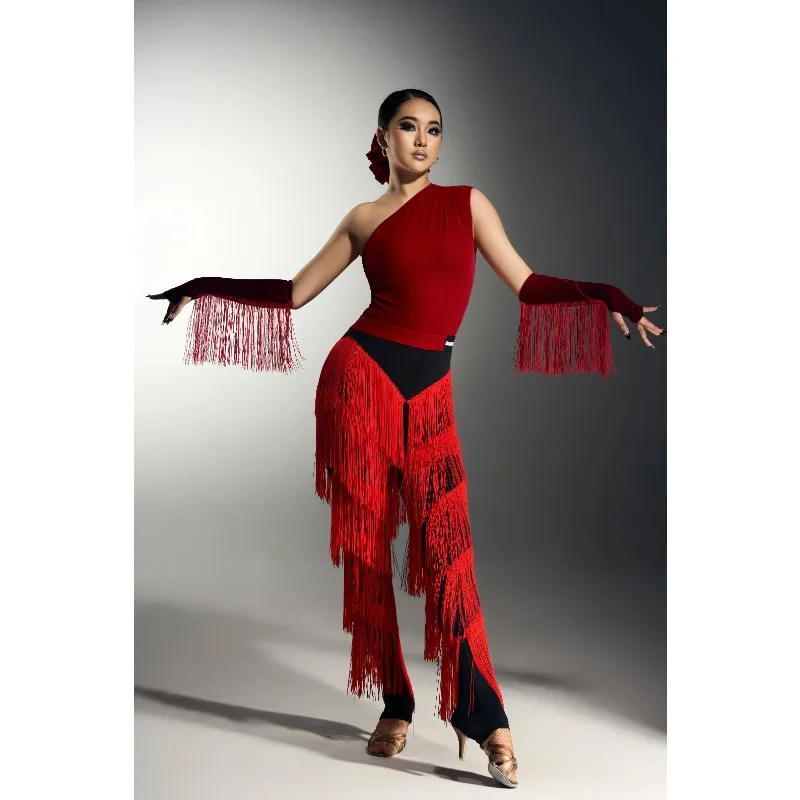 

customized Latin dance suit contrasting top fringe pants set vestidos de danza cristiana платье бахрома dresses for women