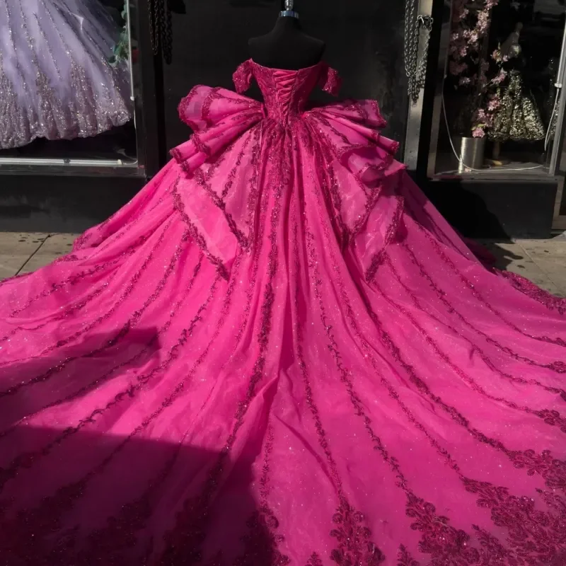

Rose Red Shiny Quinceanera Dresses Off The Shoulder Sequin Applique Lace Beading Crystal Tull Corset Party Birthday Sweet 16