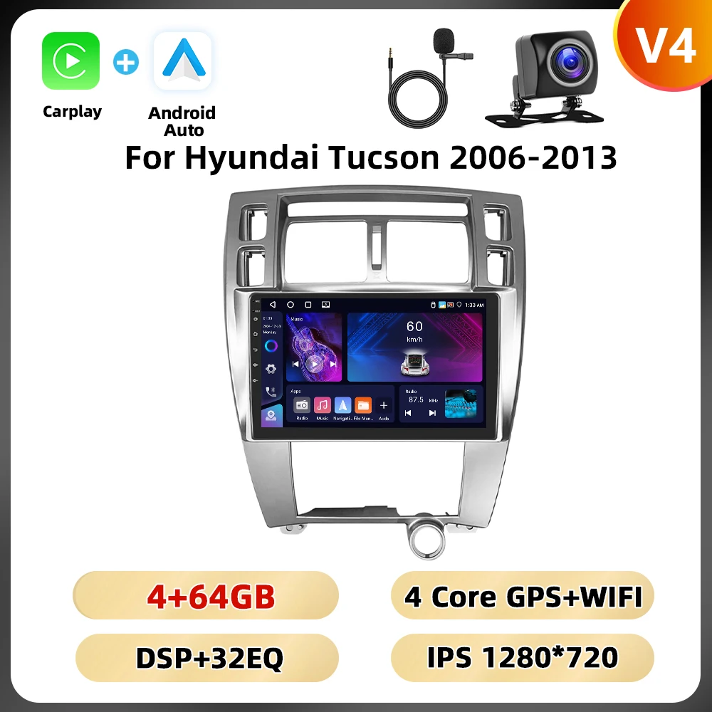 Podofo 8 128G 2din Autoradio Voor Hyundai Tucson 2006-2013 Multimediaspeler Carplay Android Auto Gps 8Core Dsp Fm Rds Auto Audio