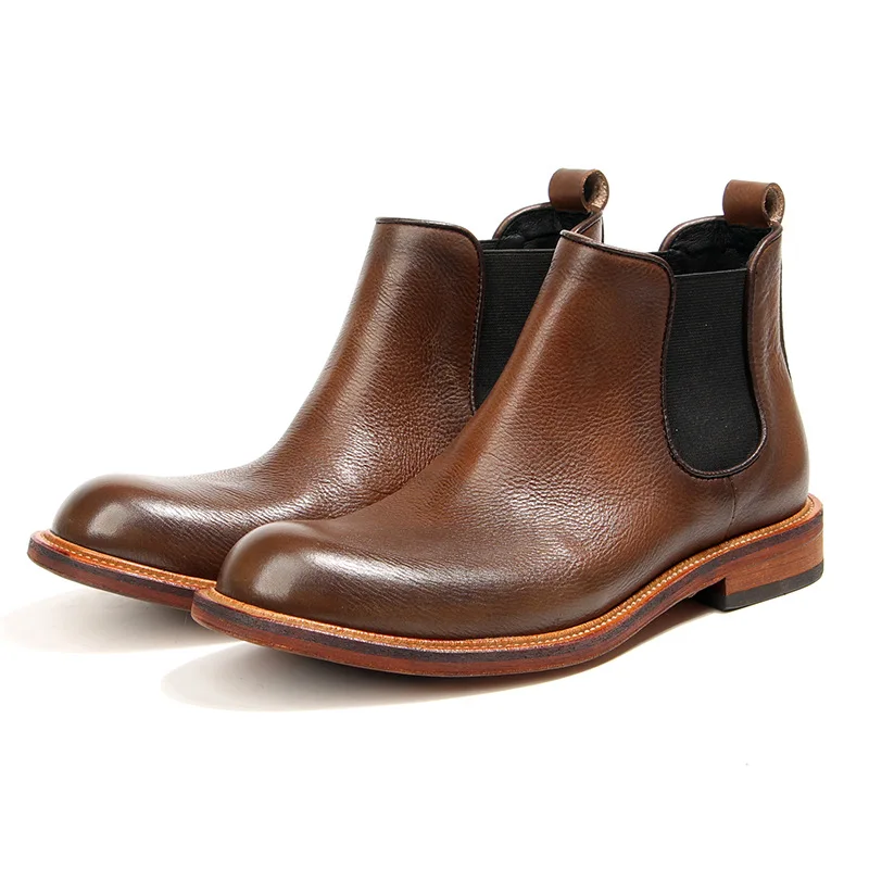 Classic Men's High End Slip On Chelsea Boots Retro Top Layer Cowhide Businessman Formal Dress Suit Leather Shoes Office