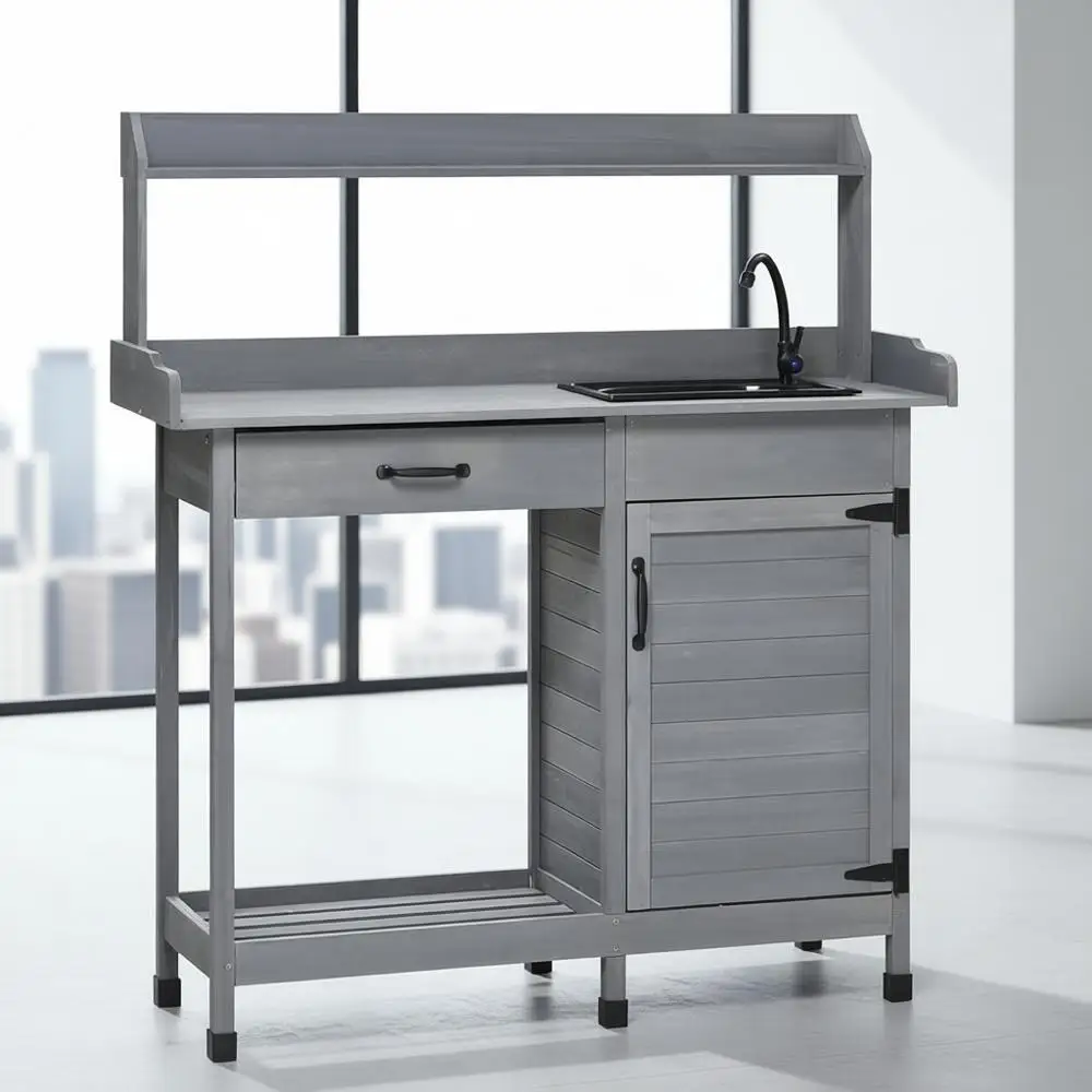 

Potting Bench Table with Sink, Outdoor Work Bench Table with Storage Cabinet, Hooks, Removable Sink, Faucet and Drawer for Green