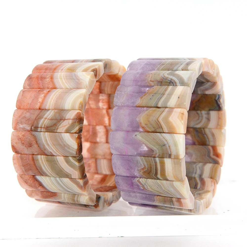 

Natural Mexico Agate Whit Amethyst Quartz Symbiotic Body Flat Rectangle Bracelet 29x9mm-32x10mm，Thickness About 6mm, For Gift