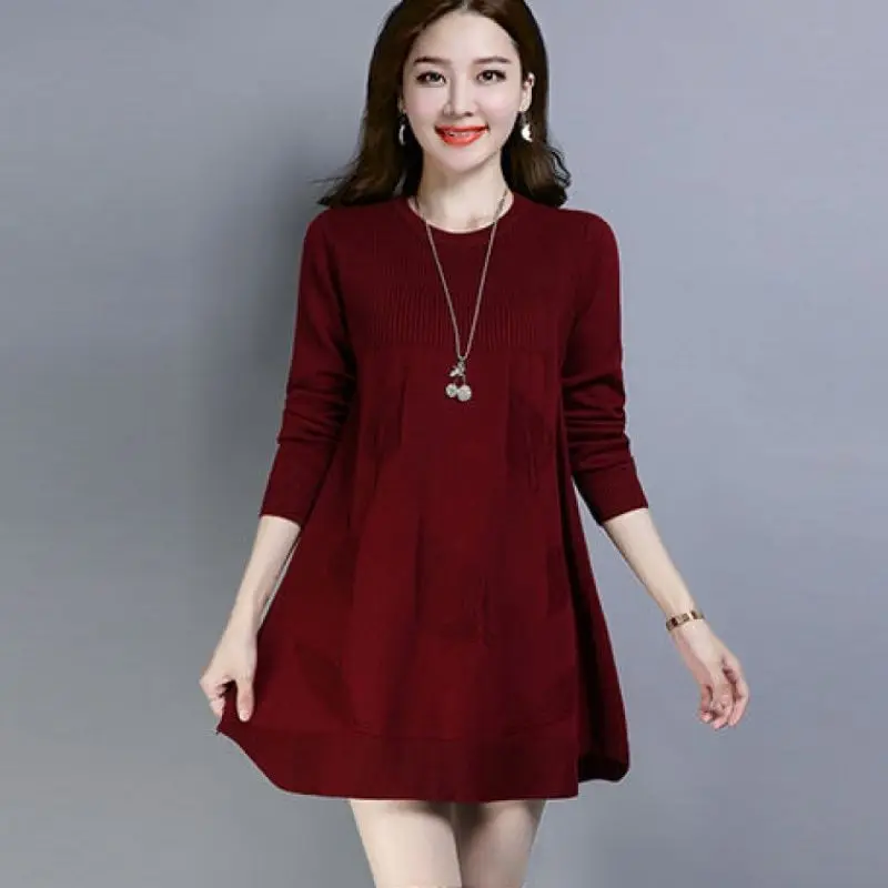 2024 Autumn Winter New Women's Korean Loose Plus Size Round Neck Base Medium Long Knitted Sweater Belly Covering A-line Skirt