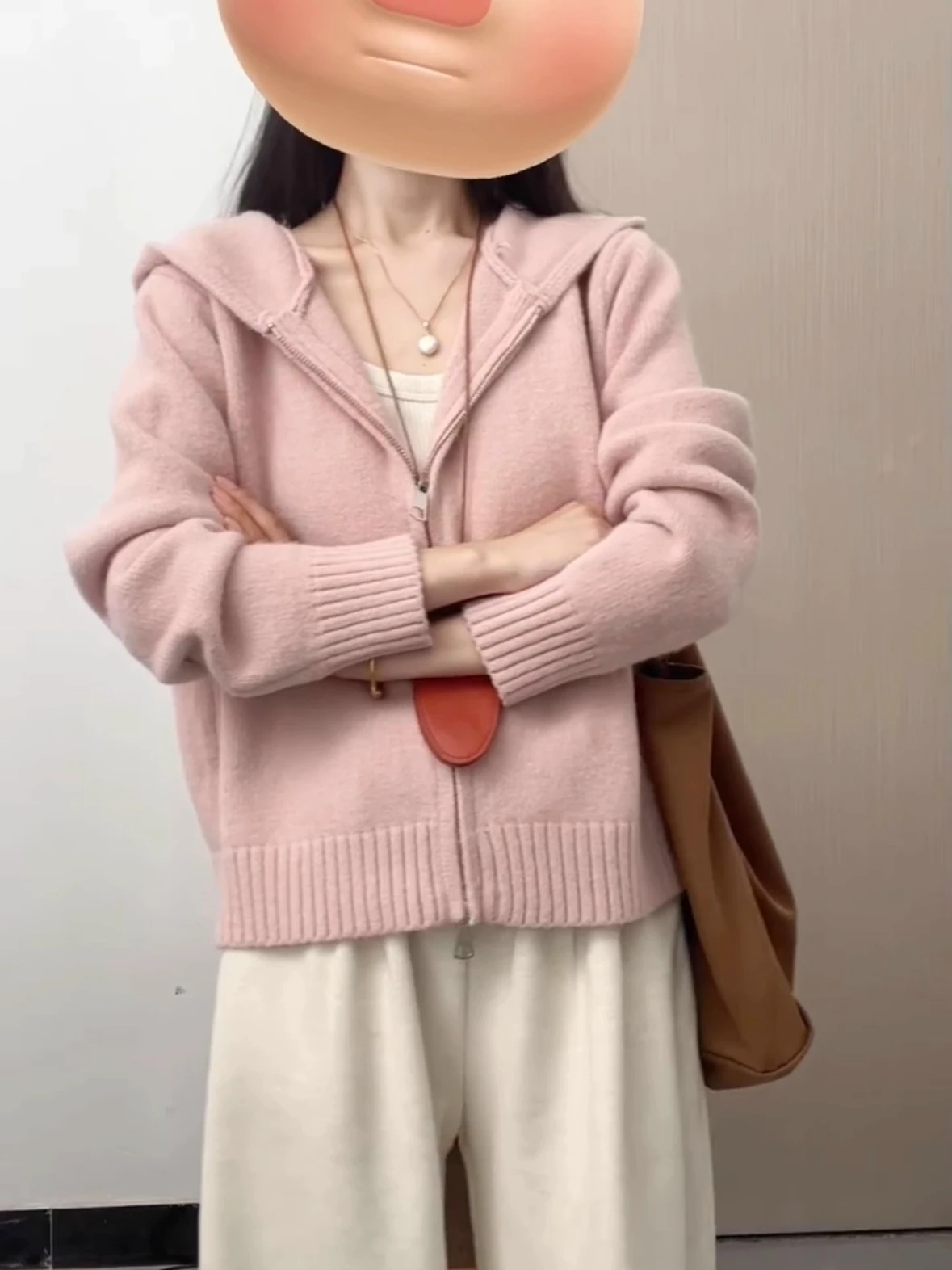Suéter rosa suave y acogedor de punto con cremallera para mujer, ropa de abrigo informal holgada para otoño e invierno, cárdigan abierto con capucha a la moda, viaje cálido