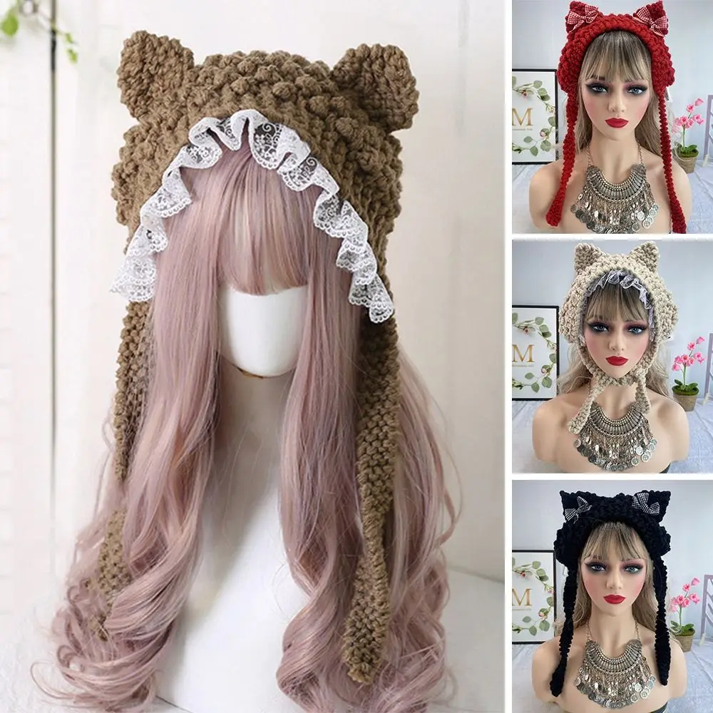 

Fashion Cartoon Knitted Cat Ear Hat Ear Protection With Bow Crochet Wool Hat Casual Cute Winter Warm Cap for Women