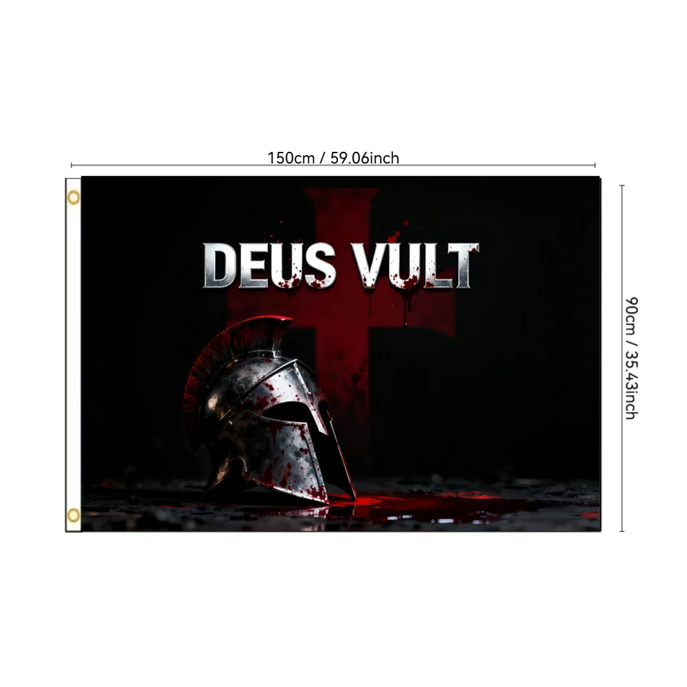 Bandera cruzada, 2x3 pies, 3x5 pies, Deus Vult con casco de caballero, pancarta Medieval, decoración histórica, colgante de pared para habitación, hogar y exteriores