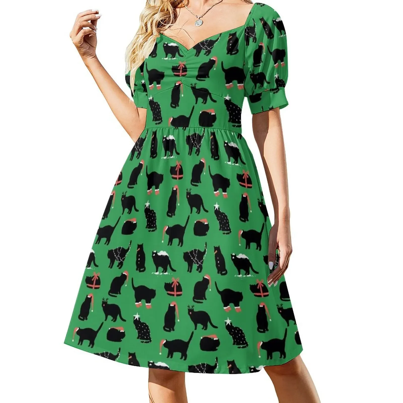 

Christmas black cats. Short-Sleeved Dress clothing women summer 2025 elegant women's sets Dress