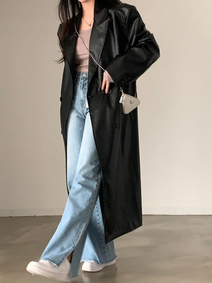 Chic Autumnal Vintage Sli doppiopetto sciolto casual in pelle PU lungo giacca a vento Sve per le donne pendolari Sle