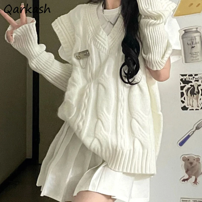 

Sweater Vest Sweet Preppy Style Students Ulzzang All-match Knitted Sleeveless Sweaters Fall Trendy Solid Spliced Jacquard Simple