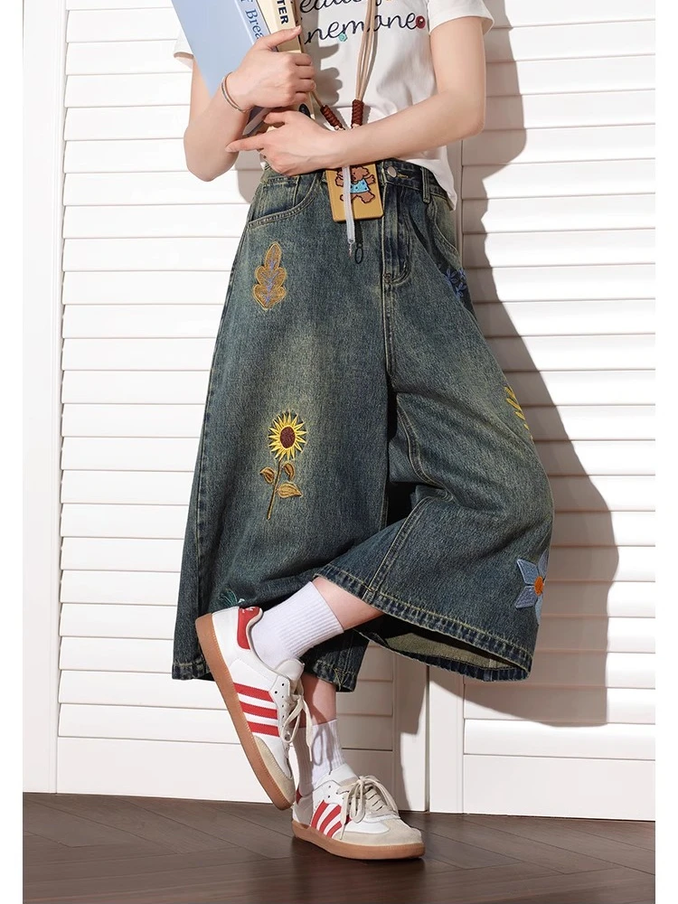 

Flower Embroidery Wide Leg Denim Trousers Women's Fashionable Girl Summer Shorts Female High Waist Capris Calf-length Pants