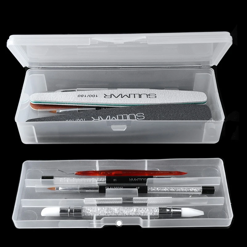 Caja de almacenamiento rectangular de doble capa para herramientas de uñas, con pinzas, cortaúñas, bolígrafos, limas, contenedor de plástico