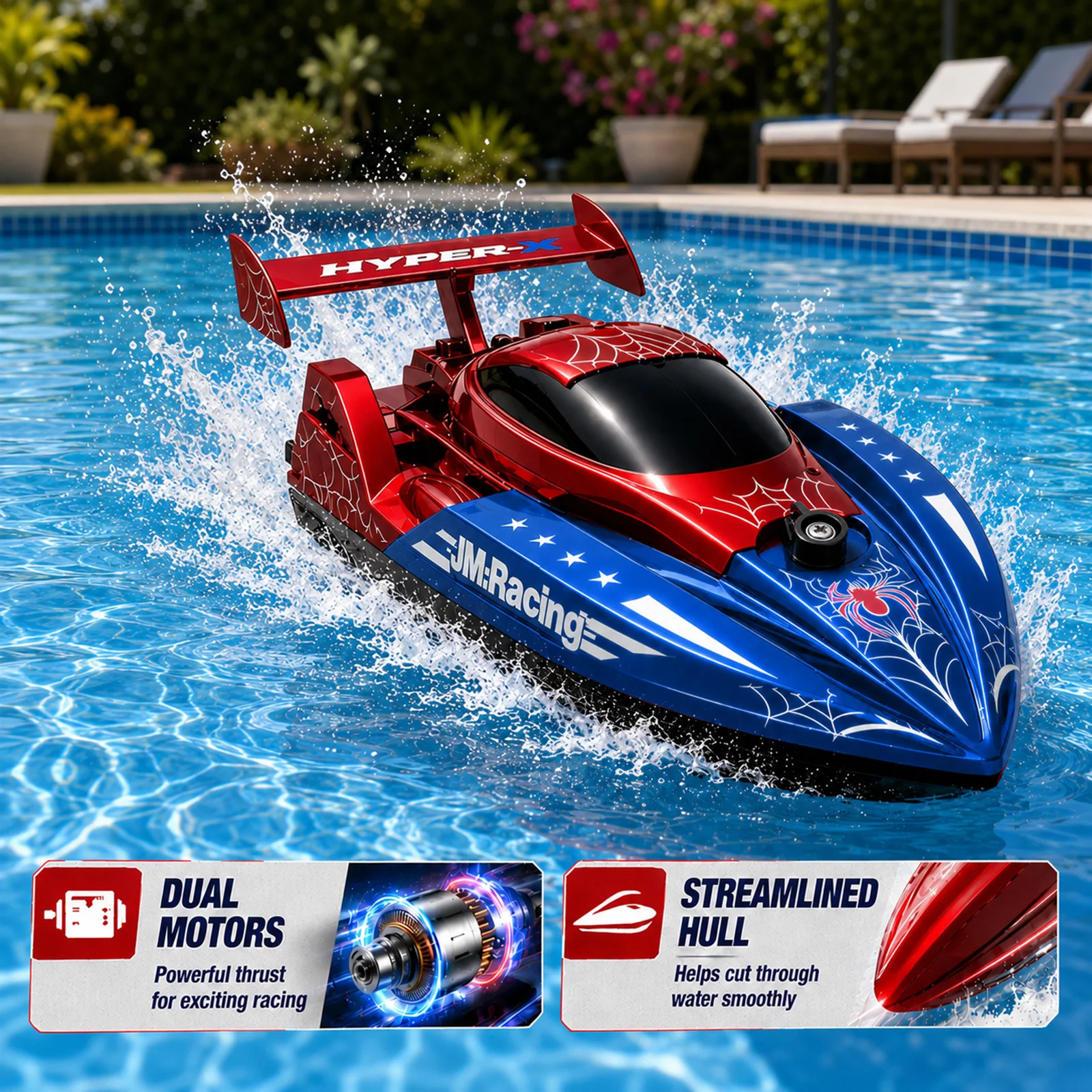 RC Boat for Kids 2.4GHz Remote Control Racing Boat Rechargeable Speed Boat Spider Water Toy for Pool Pond Lake Outdoor Play Gift