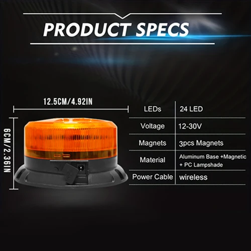 Imagen 2 del producto Luz estroboscópica inalámbrica de 24Led con batería, baliza de advertencia intermitente magnética de emergencia ámbar para vehículo, camión, Tractor, Golf, 12V-30V, 1 ud.