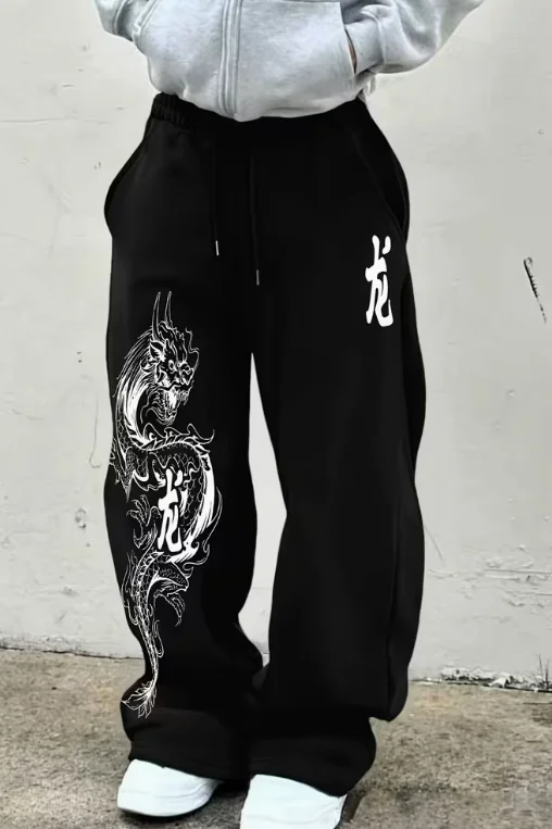 Retro Cross Pattern 3D Black Sports Pants Men's Dark Aesthetics Gothic Loose Wide Leg Pants Elastic Waist Street Casual Pants