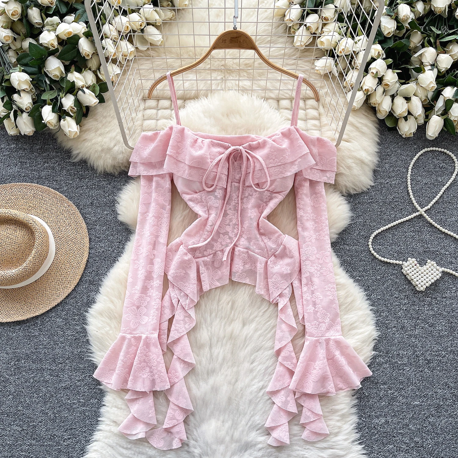 

Women Pink Off Shoulder Sexy Top Female Long Flare Sleeves Ruffles Beach Shirt Summer Irregular Floral Hotsweet Blouse