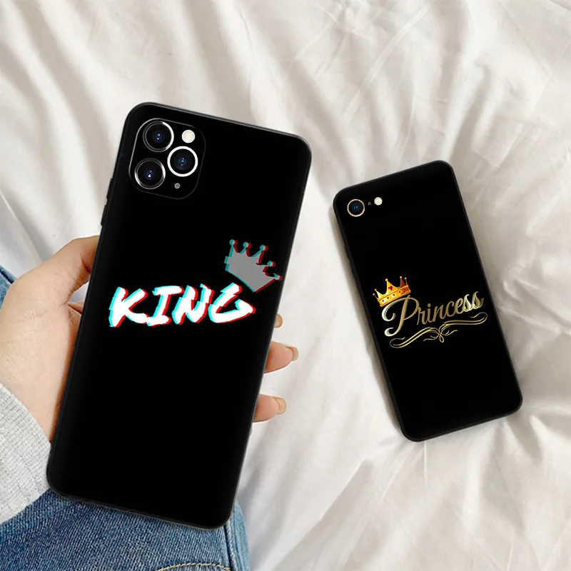 Black Matte Cell Phone Case For iphone 14 Pro Max 15 Plus 8 7 11 12 13 6s X XS XR SE Soft Queen King Princess Coque Crown Cover