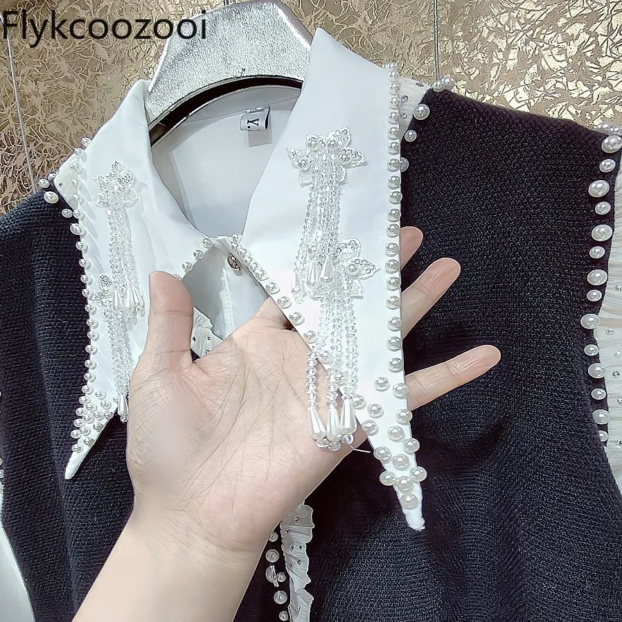 Luxury Premium Rhinestone Tassel Crystal Studded Pearl Flower Shirt Regulai Fit Womens Tops Spring Victorian Blouse White