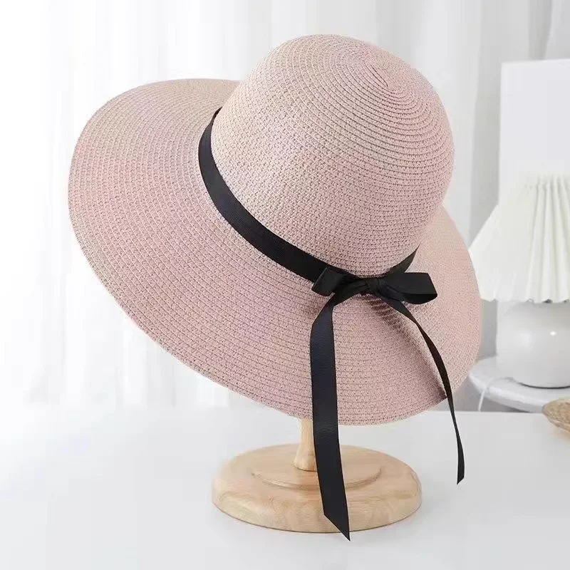 Large Eave Straw Hat for Woman Black Bow Tie EdgeSunscreen Foldable Beach Hat Outdoor Seaside Vacation Fashionable and Elegent image 5
