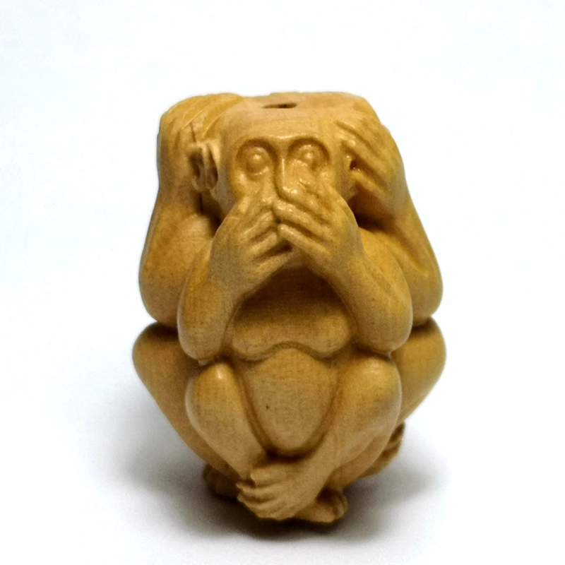 

1919 Antique art Size 1.2 Inch Chinese Boxwood Wood Carved 3 Not evil Monkey Figurine Statue Netsuke Gift Collection