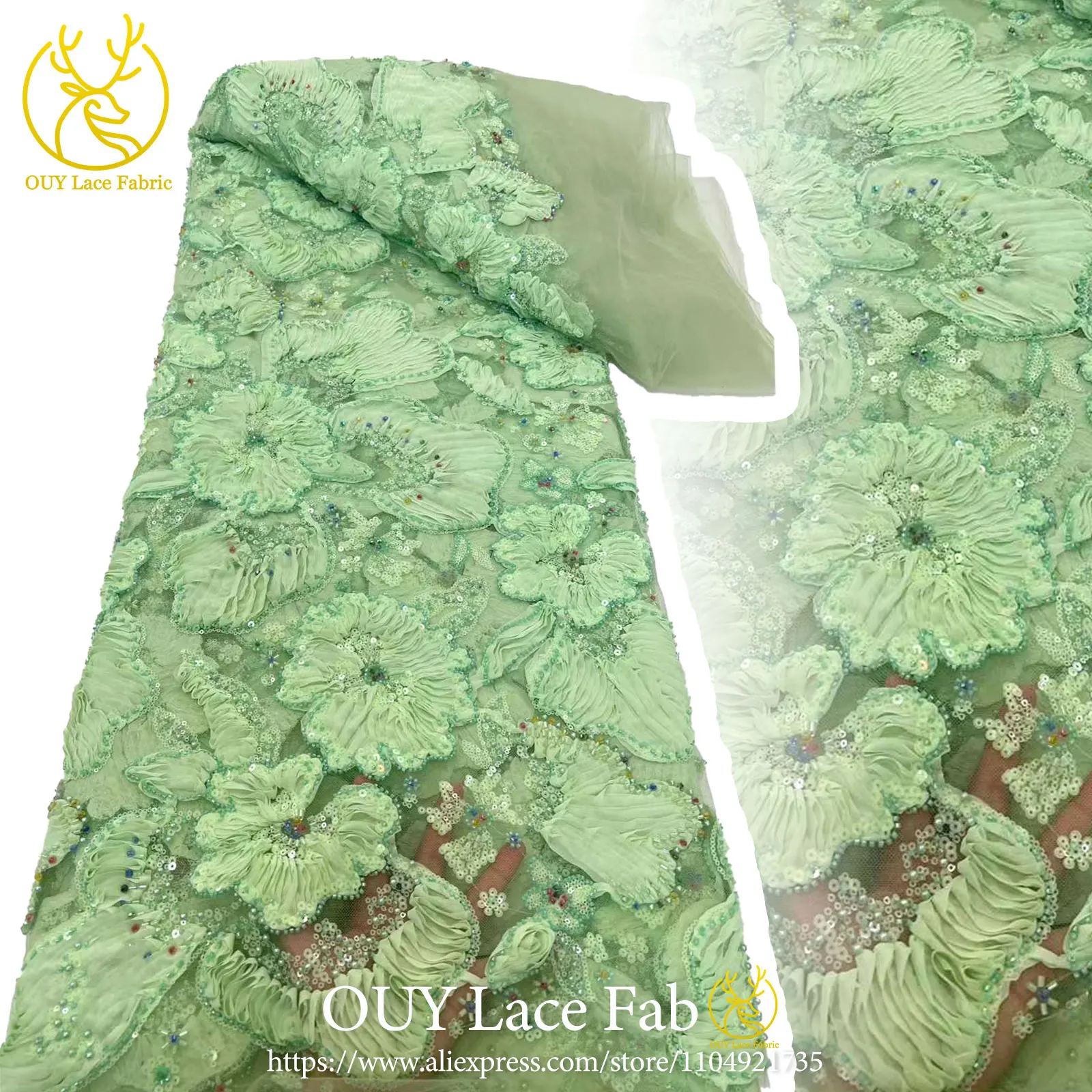 

High-Quality 3D Tulle Beaded Lace Fabric From Nigeria, 2026; African Sequined Mesh Lace Fabric Suitable For Wedding Dress Making