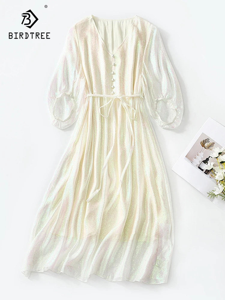 

Birdtree 60%Mulberry Silk 40%Polyester Print Dress 2023 Summer V-neck Half Sleeve Single Breasted Gold Leather Dress D38124QC