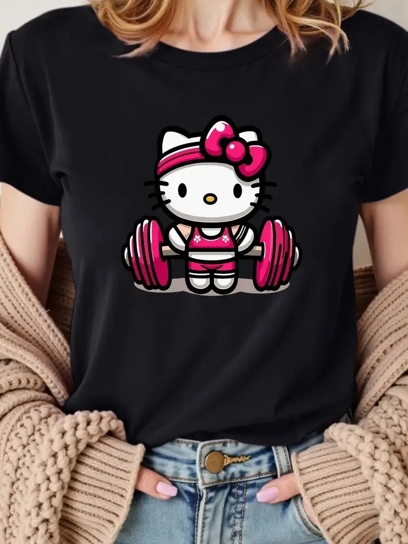 

Хлопковая футболка с принтом Hello Kitty для фитнеса и розовыми штангами Hello Kitty Lifting в спортивном наряде, мягкий хлопок, идеально подходит для спортзала