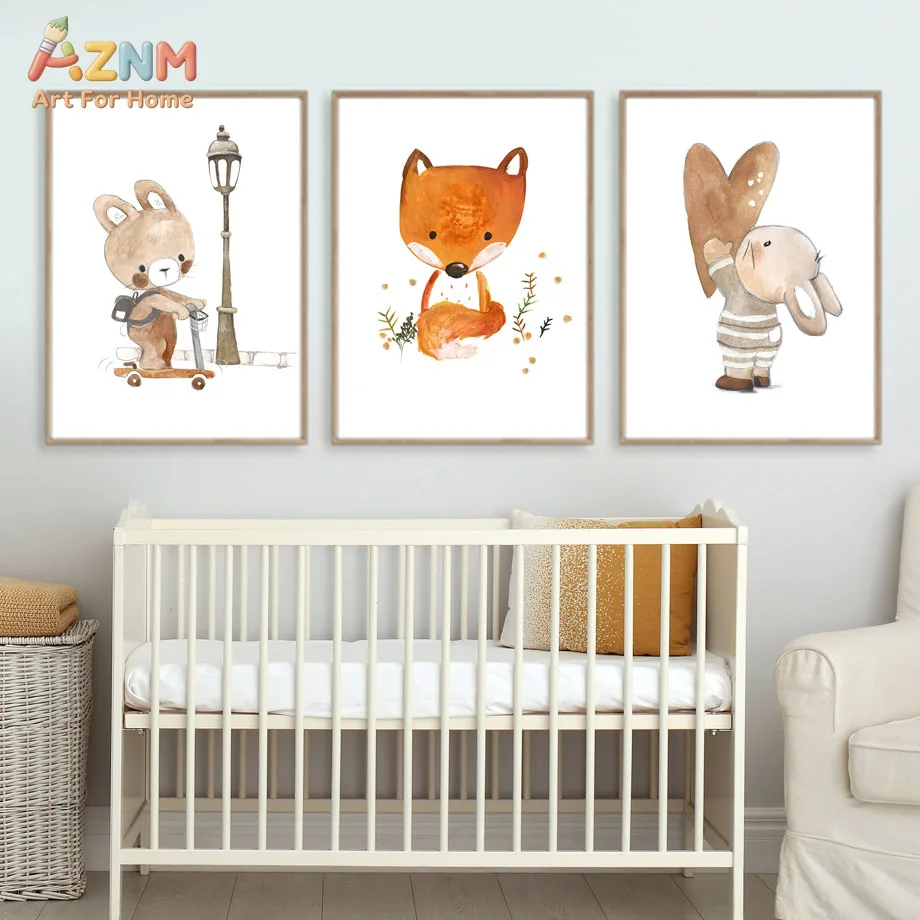 AZNM Watercolor Cute Fox Rabbit Canvas Wall Art Cartoon Animal Scooter Street Lamp Heart Soft Neutral Baby Nursery Unframed Canv