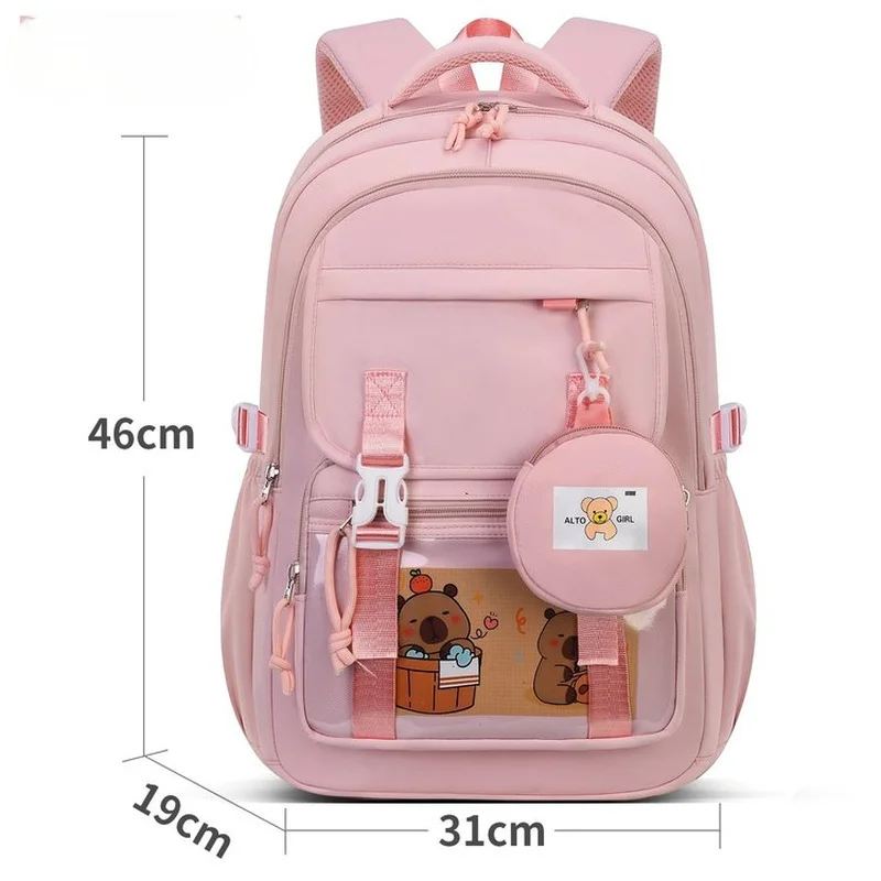 New Pink Girls Backpack with Transparent Front Pocket Cute Bear School Bag for Teenage Kids Primary Student