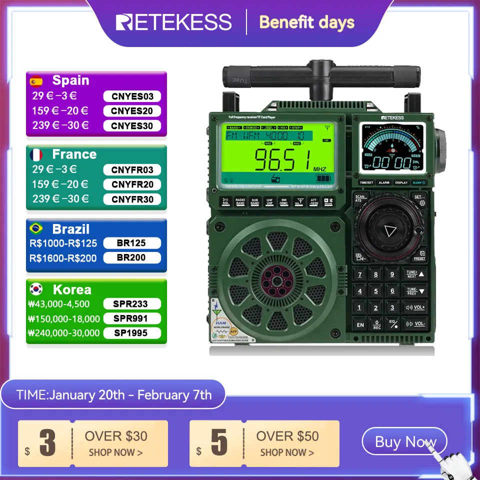 Retekess TR113 Portable Radio Flagship Fever Receiver Full Band Ham Radio Amateur Shortwave Antenna Radio VHF UHF SSB For Gift