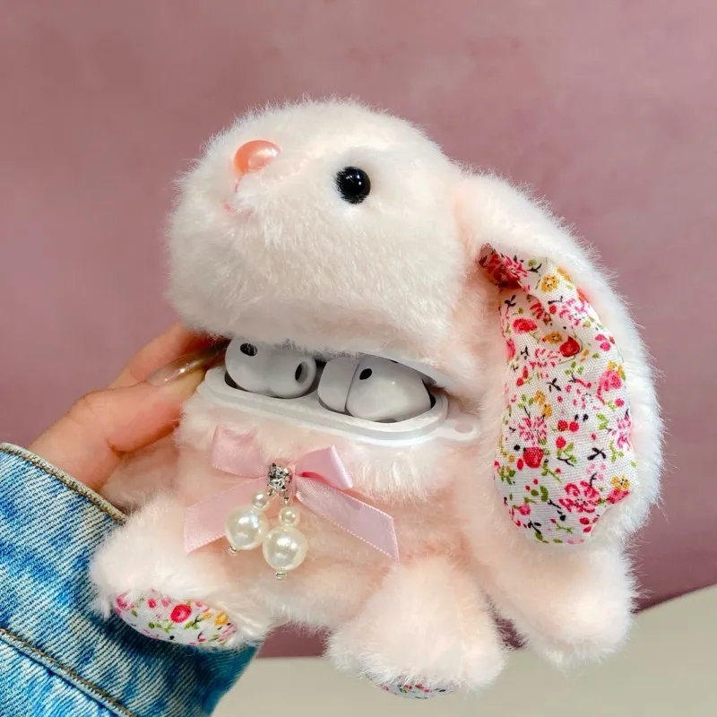 Cute 3D Fluffy Bunny Case for Airpods 4 3 2 1 Pro 2 Pro 3 Soft Plush Cover with Floral Ears & Pearl Bow Shockproof Kawaii Gift