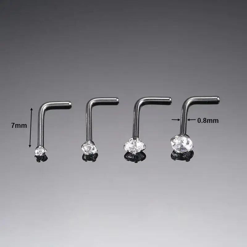 10 Pcs/Lot 1.2/2/2.5/3MM CZ Zircon Nose Studs Stainless Steel L Shape Nostril Studs for Women Men Body Piercing Jewelry 20G