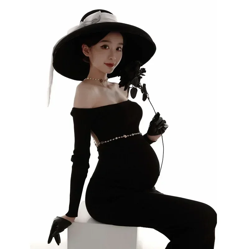 Women's Off Shoulder Maternity Dress Slim Long Sleeve Photography Gowns for Photoshoot Wedding Cocktail Party Dress