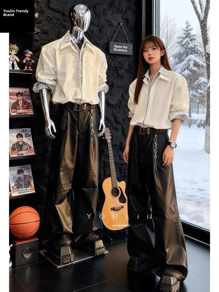 

White Korean Style Fake Two-Piece Long Sleeve Shirt Unisex Winter High-End Feeling Handsome Coat Cleanfit Outerwear