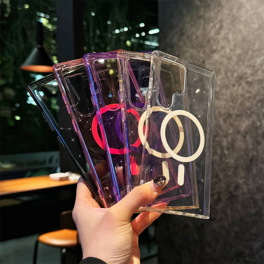 Funda de teléfono magnética transparente con purpurina súper dura para Samsung Galaxy S25 Ultra S24FE S23 S22 Funda protectora delgada Funda S23