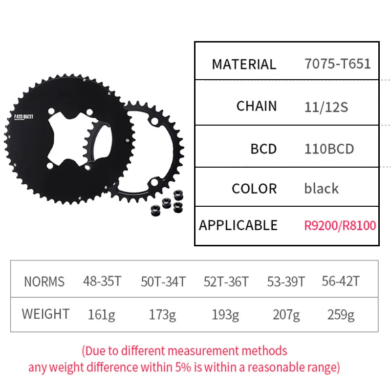 Pass Quest 110 BCD 4 Bolt Chainring for Shimano Ultegra 8100 Dura Ace R9200 Dish 50 34 Road Crowns 52 36 Plate 53 39 48 35