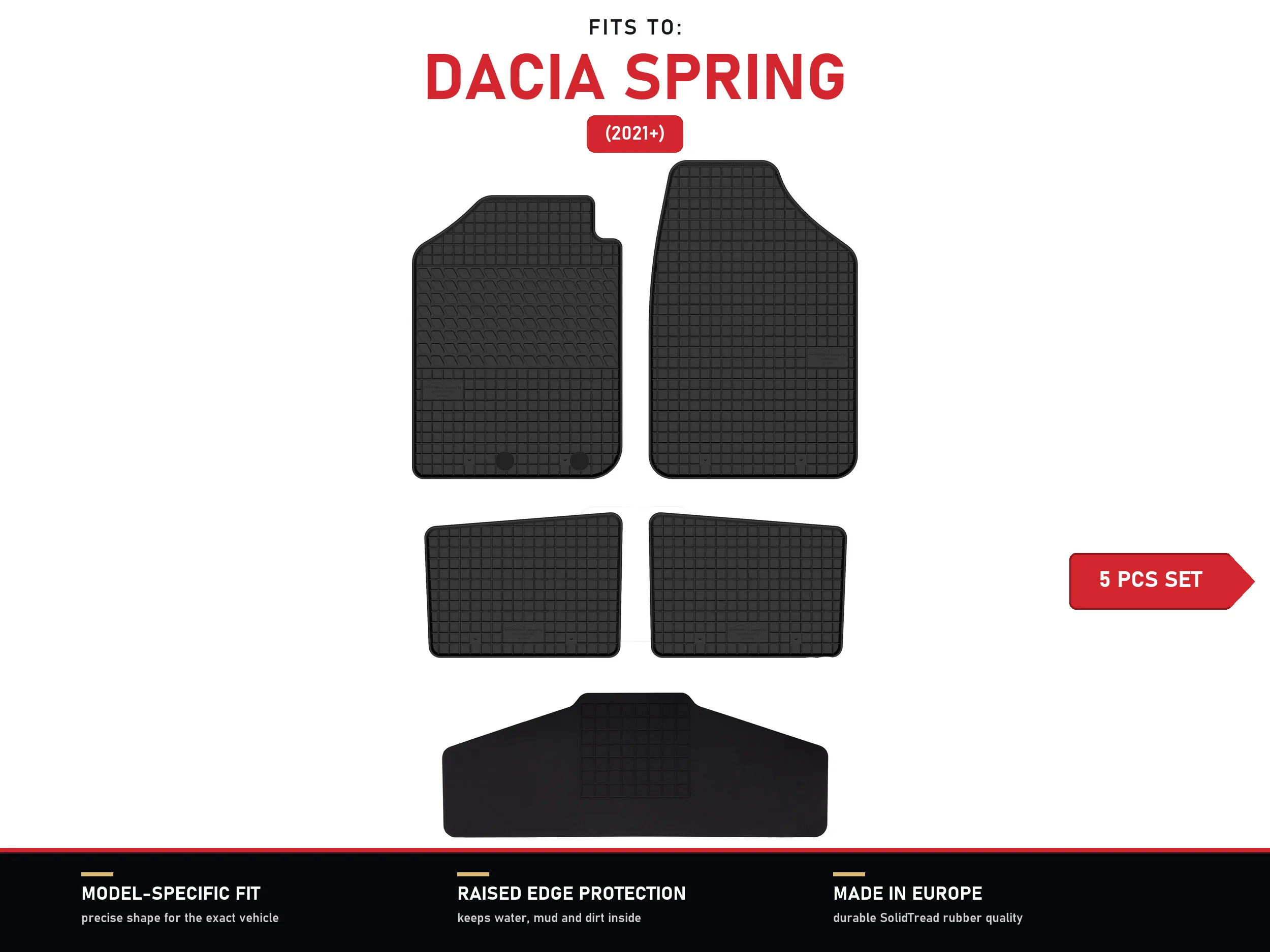 Tapis en caoutchouc pour tunnel de passage : Dacia Spring 2021- 5 pièces