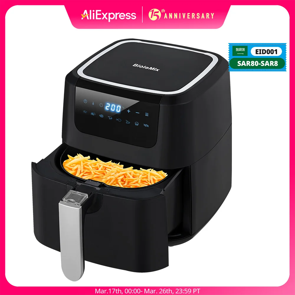 Biolomix Lucht Friteuse Een Touch Screen Met 8 Koken Functies, Anti-aanbak Dubbele Pot, 5L Zwart Oilless Air Friteuses Oven